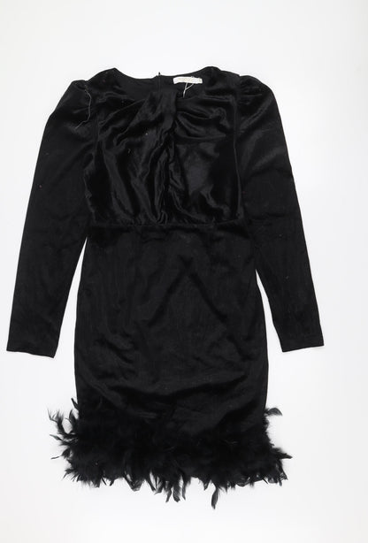 Allyson Women’s Black Velvet Feather Trim Bodycon Party Dress L