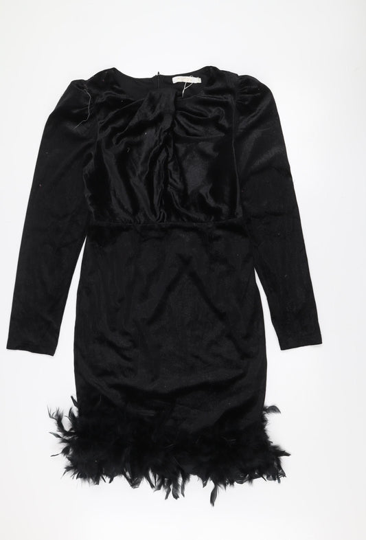 Allyson Women’s Black Velvet Feather Trim Bodycon Party Dress L