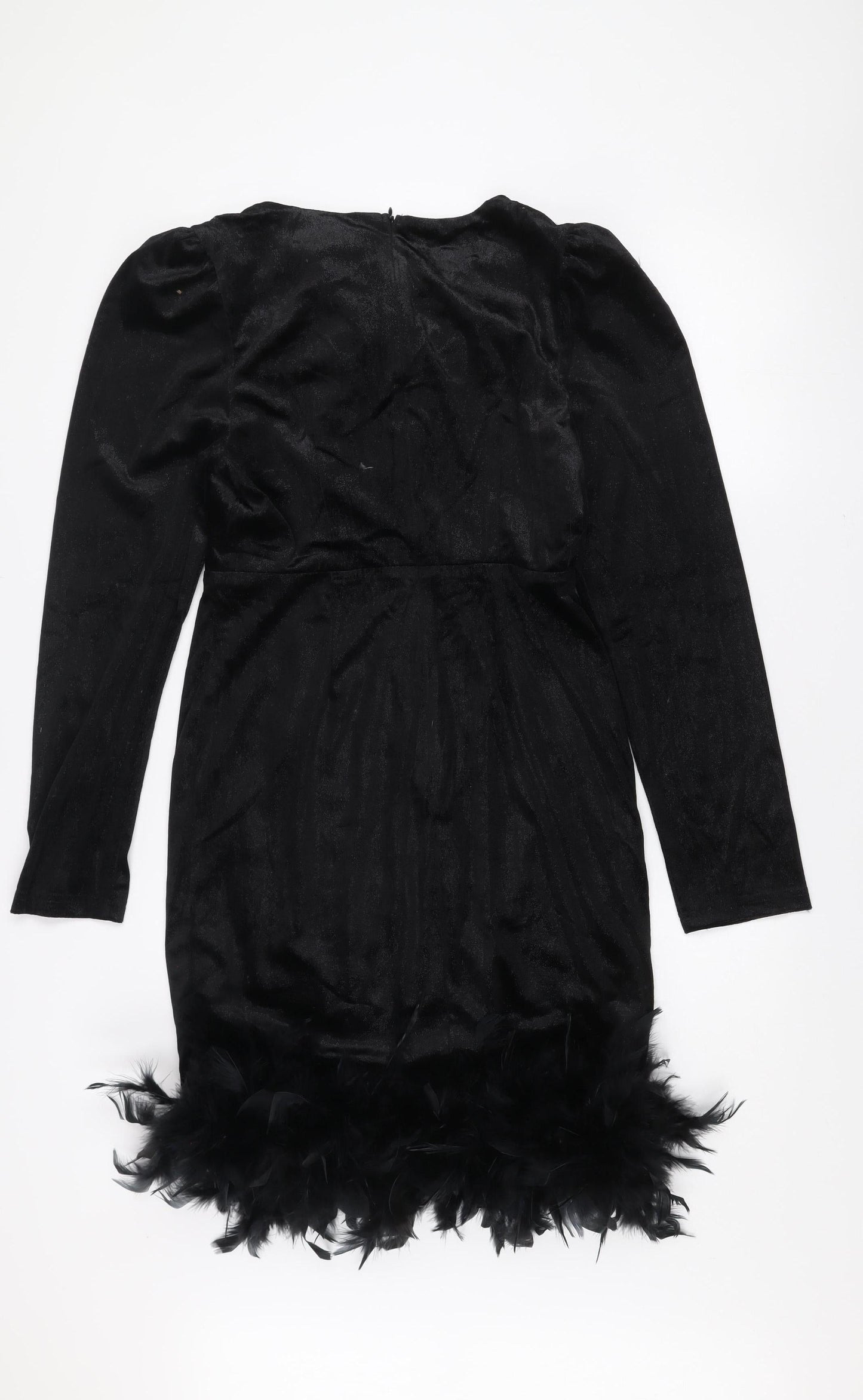 Allyson Women’s Black Velvet Feather Trim Bodycon Party Dress L