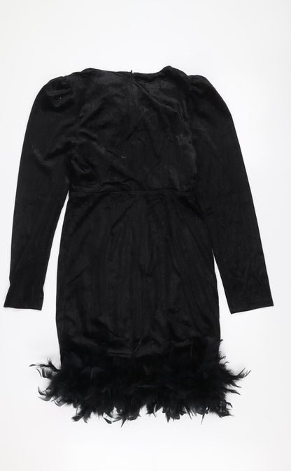 Allyson Women’s Black Velvet Feather Trim Bodycon Party Dress L