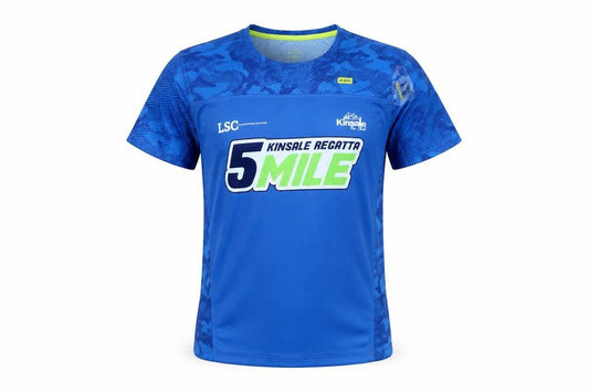 Front view of 42K unisex blue running t-shirt, size S, athletic fit kinsale regatta 5 mile