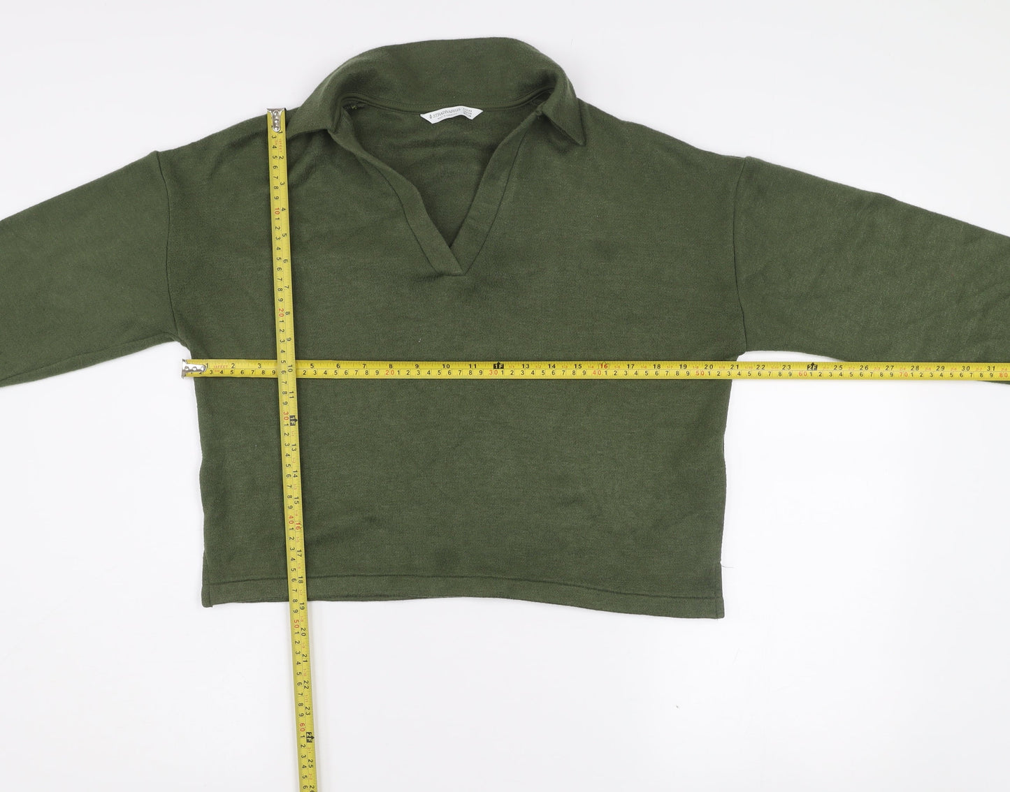 Stradivarius Womens Green XS Collared Henley Knit Jumper
