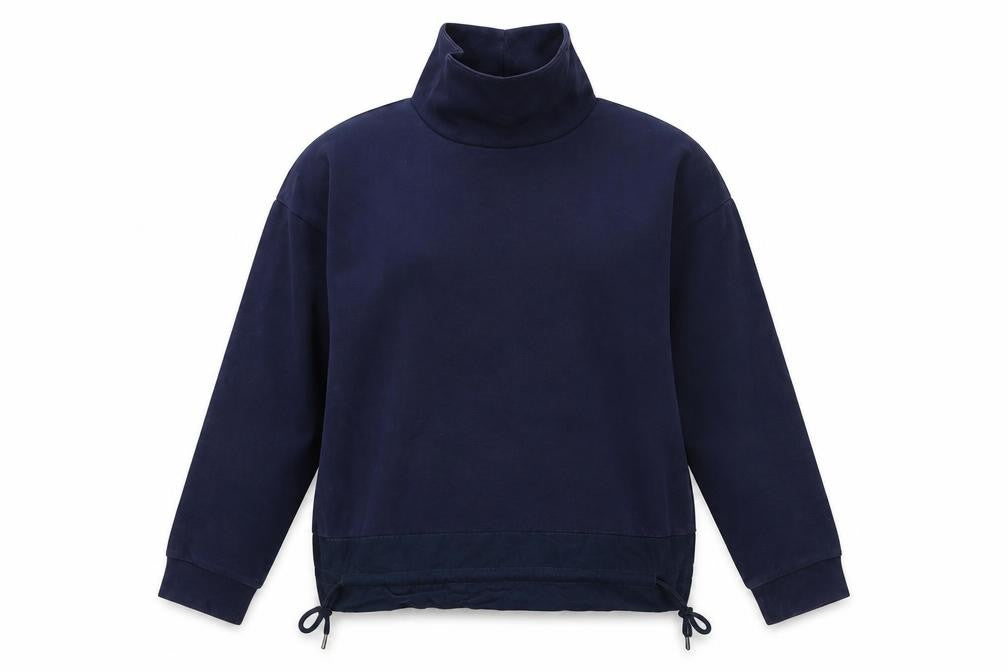 Front view of Gallery women’s navy cotton adjustable drawstring funnel neck sweatshirt xs