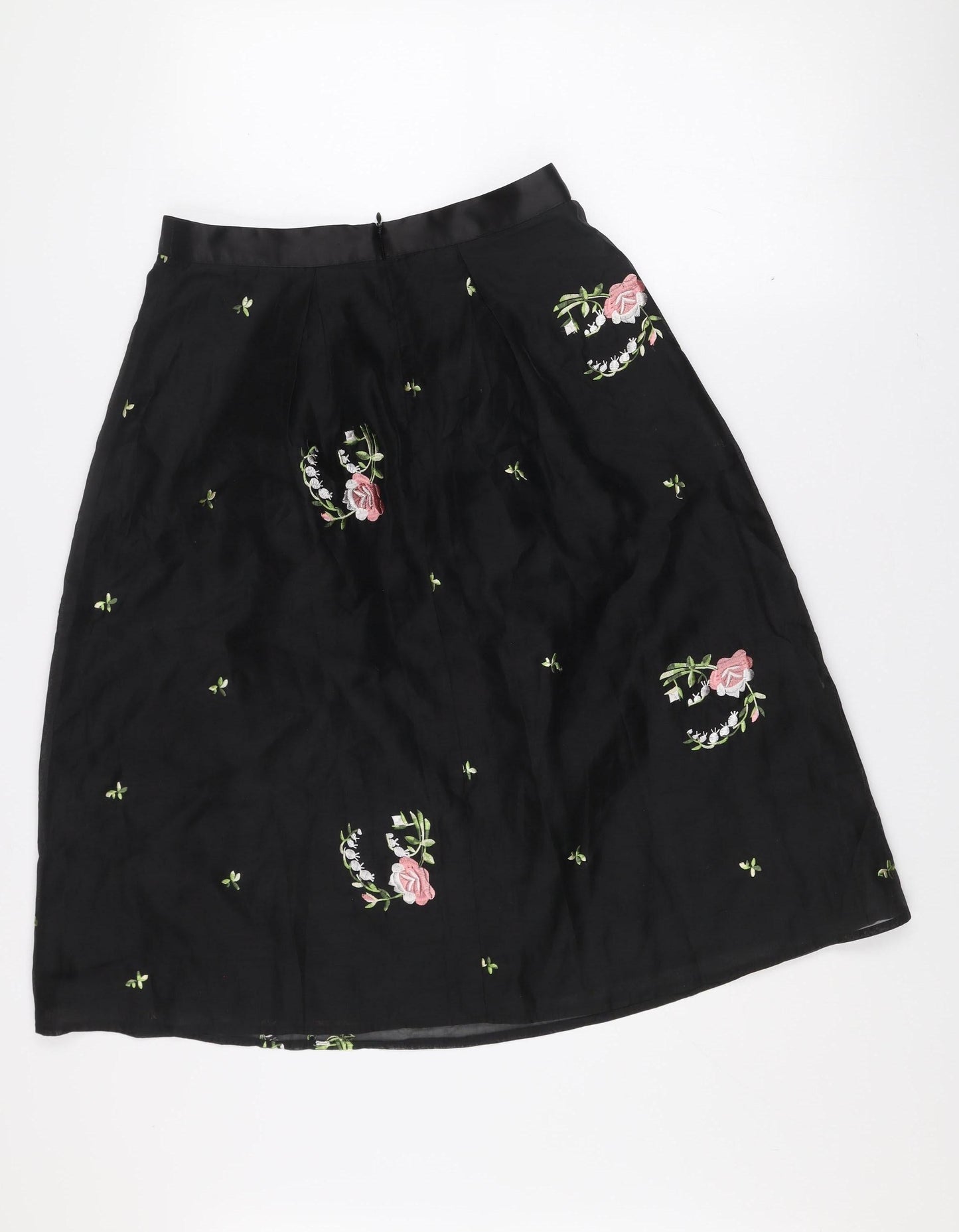 Oasis Women Black Floral Embroidered A-Line Knee Length Skirt Size 10