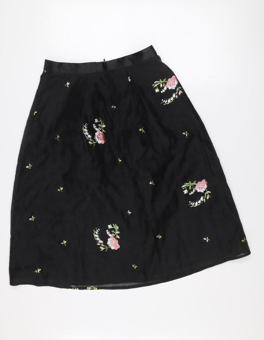 Oasis Women Black Floral Embroidered A-Line Knee Length Skirt Size 10