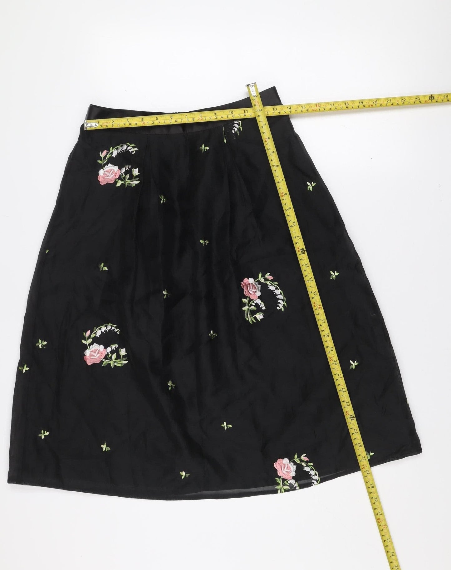 Oasis Women Black Floral Embroidered A-Line Knee Length Skirt Size 10