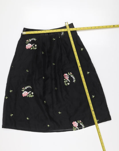 Oasis Women Black Floral Embroidered A-Line Knee Length Skirt Size 10