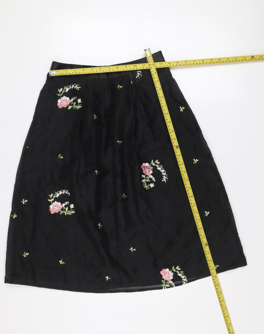 Oasis Women Black Floral Embroidered A-Line Knee Length Skirt Size 10