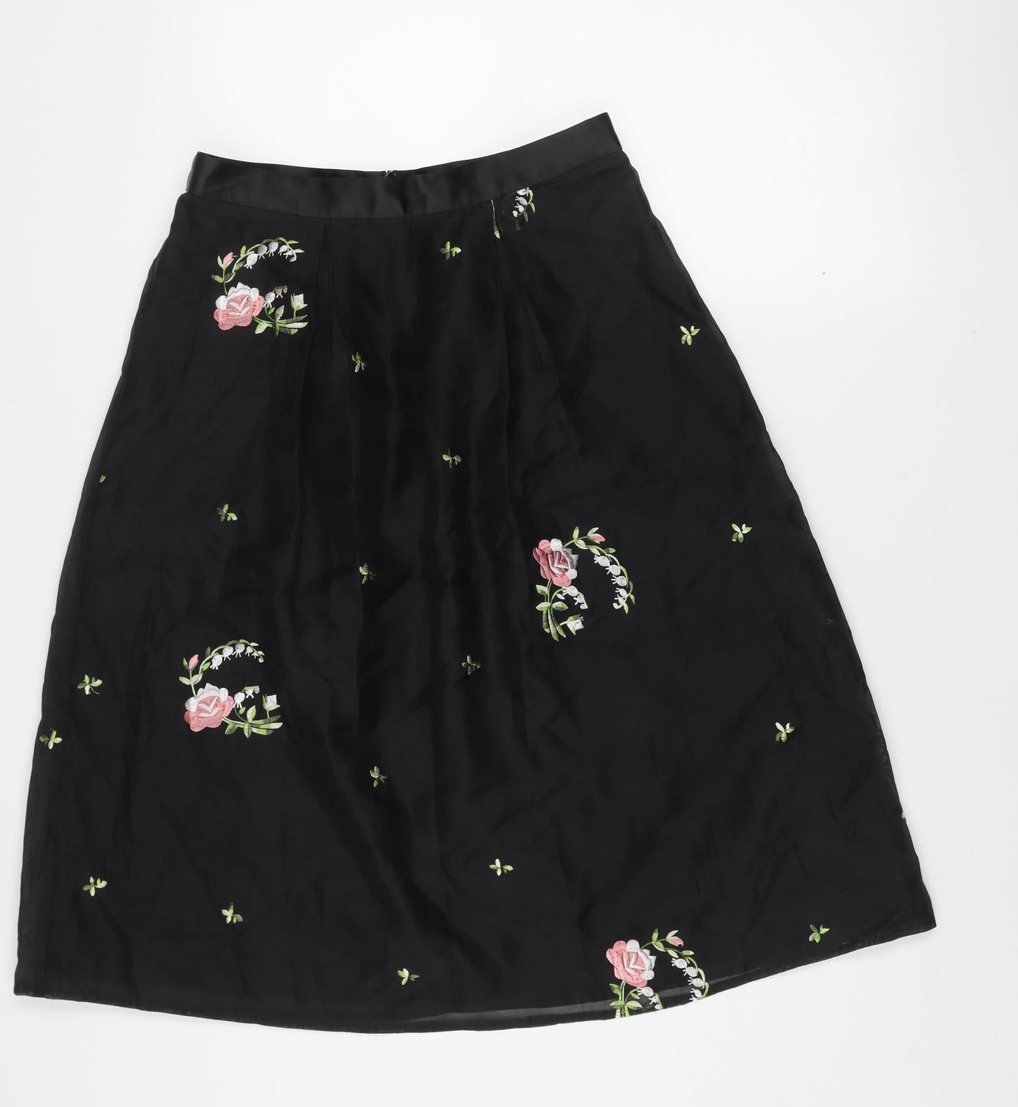 Oasis Women Black Floral Embroidered A-Line Knee Length Skirt Size 10