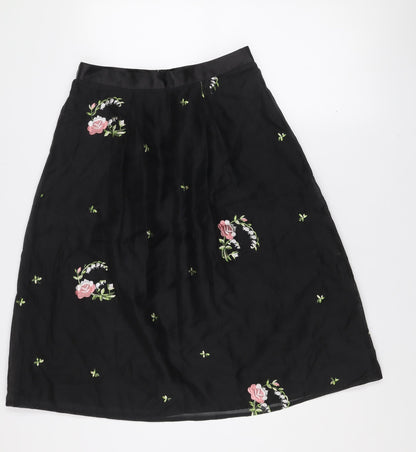 Oasis Women Black Floral Embroidered A-Line Knee Length Skirt Size 10