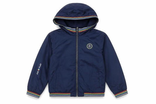 Front view of Mayoral girls’ blue hooded bomber jacket 7 years polyester lined zip-up