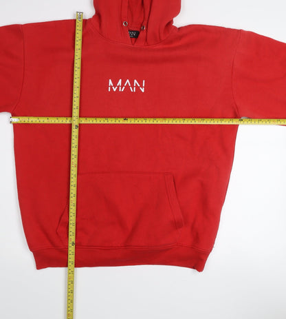 boohooMAN Men's Red Pullover Hoodie Size M Regular Fit Logo Fleece