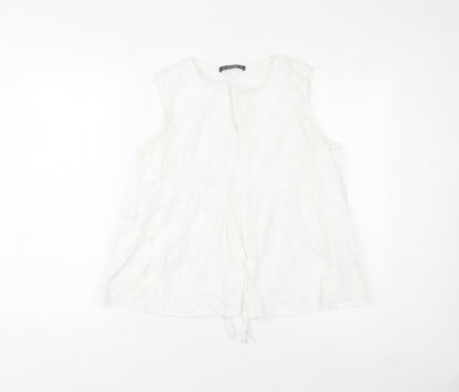 Dunnes Stores Women White Cotton Embroidered Sleeveless Tunic Blouse M
