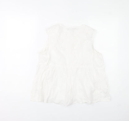 Dunnes Stores Women White Cotton Embroidered Sleeveless Tunic Blouse M