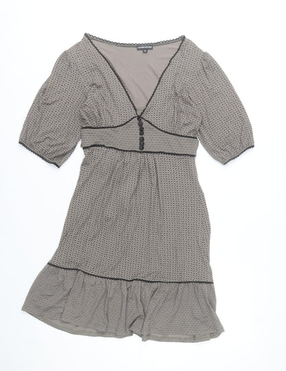 Warehouse Women Grey Geometric V-Neck Fit & Flare Knee Dress UK12