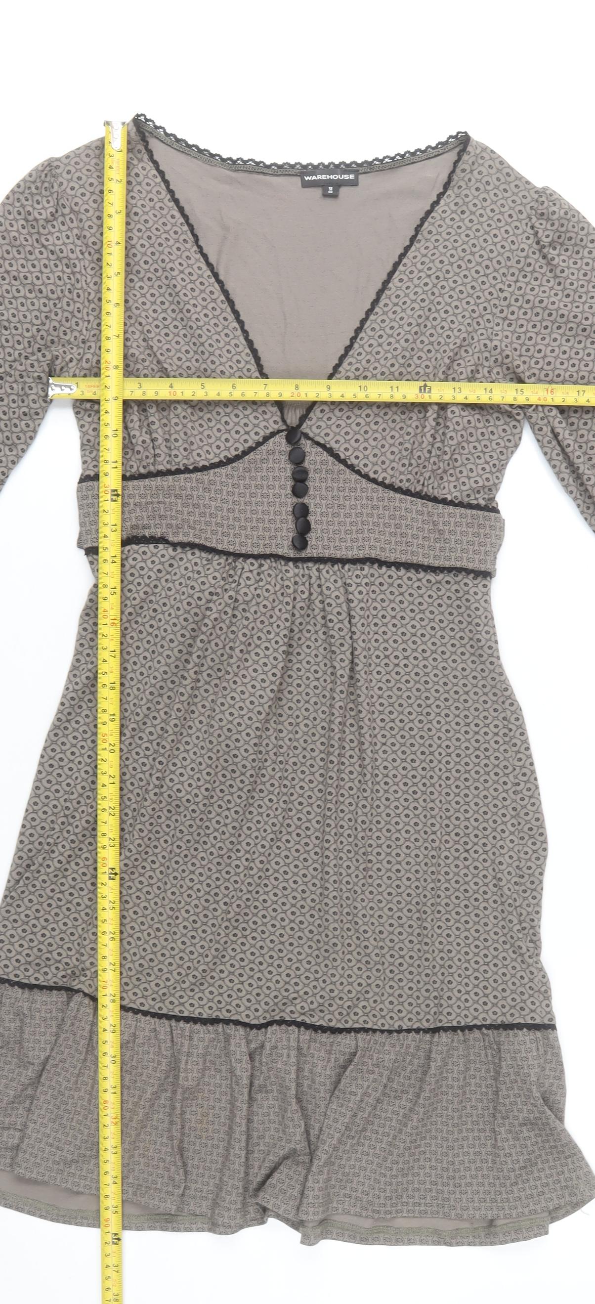 Warehouse Women Grey Geometric V-Neck Fit & Flare Knee Dress UK12
