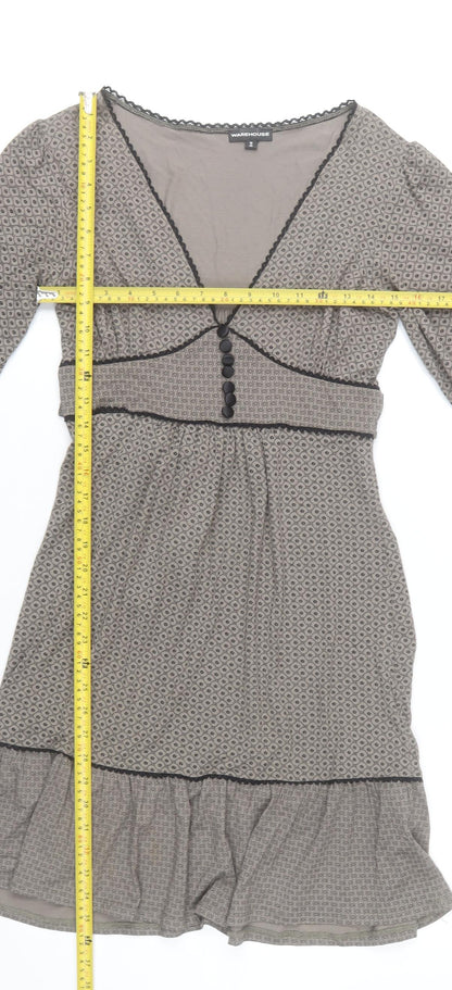 Warehouse Women Grey Geometric V-Neck Fit & Flare Knee Dress UK12