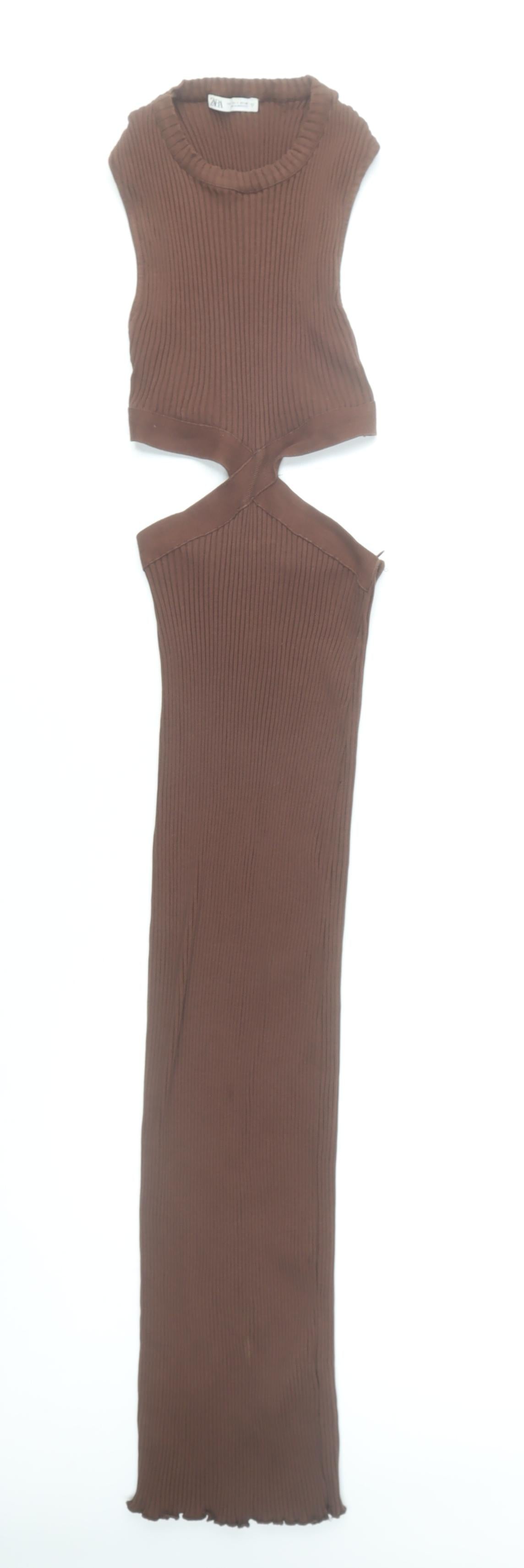 Zara Women Brown Sleeveless Long Bodycon Cut Out Knit Dress Size S