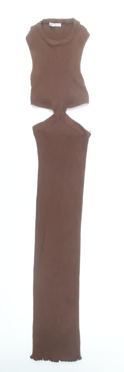 Zara Women Brown Sleeveless Long Bodycon Cut Out Knit Dress Size S