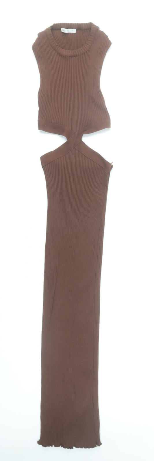 Zara Women Brown Sleeveless Long Bodycon Cut Out Knit Dress Size S