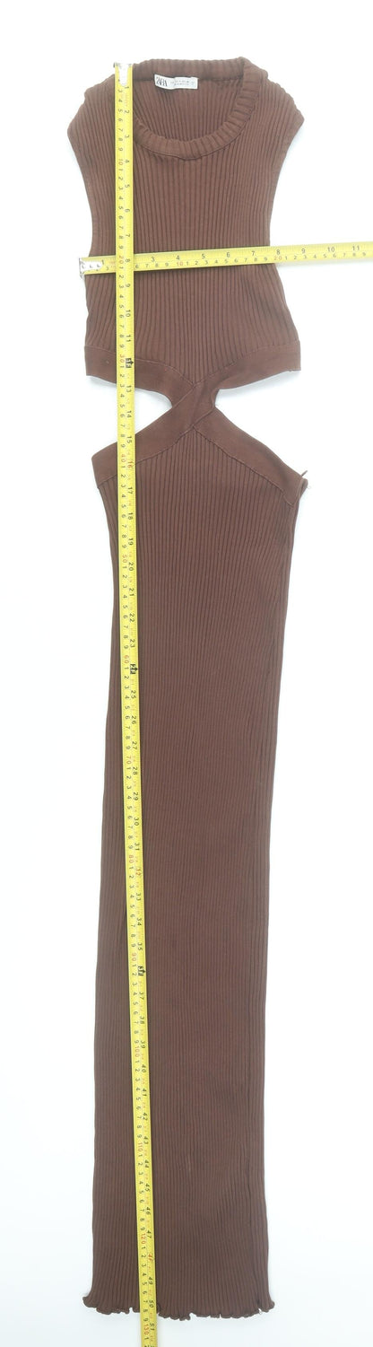 Zara Women Brown Sleeveless Long Bodycon Cut Out Knit Dress Size S
