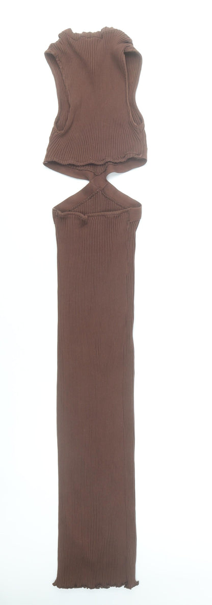 Zara Women Brown Sleeveless Long Bodycon Cut Out Knit Dress Size S