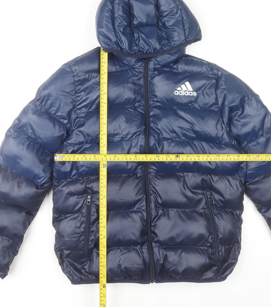 Adidas Boys Blue Hooded Puffer Jacket 13-14Y Winter Warm Polyester