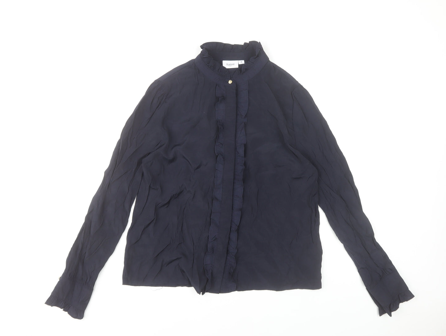 Saint Tropez Womens Blue Ruffle High Neck Long Sleeve Blouse M
