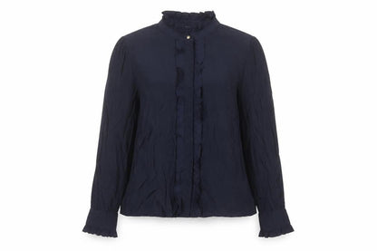 Saint Tropez Womens Blue Ruffle High Neck Long Sleeve Blouse M