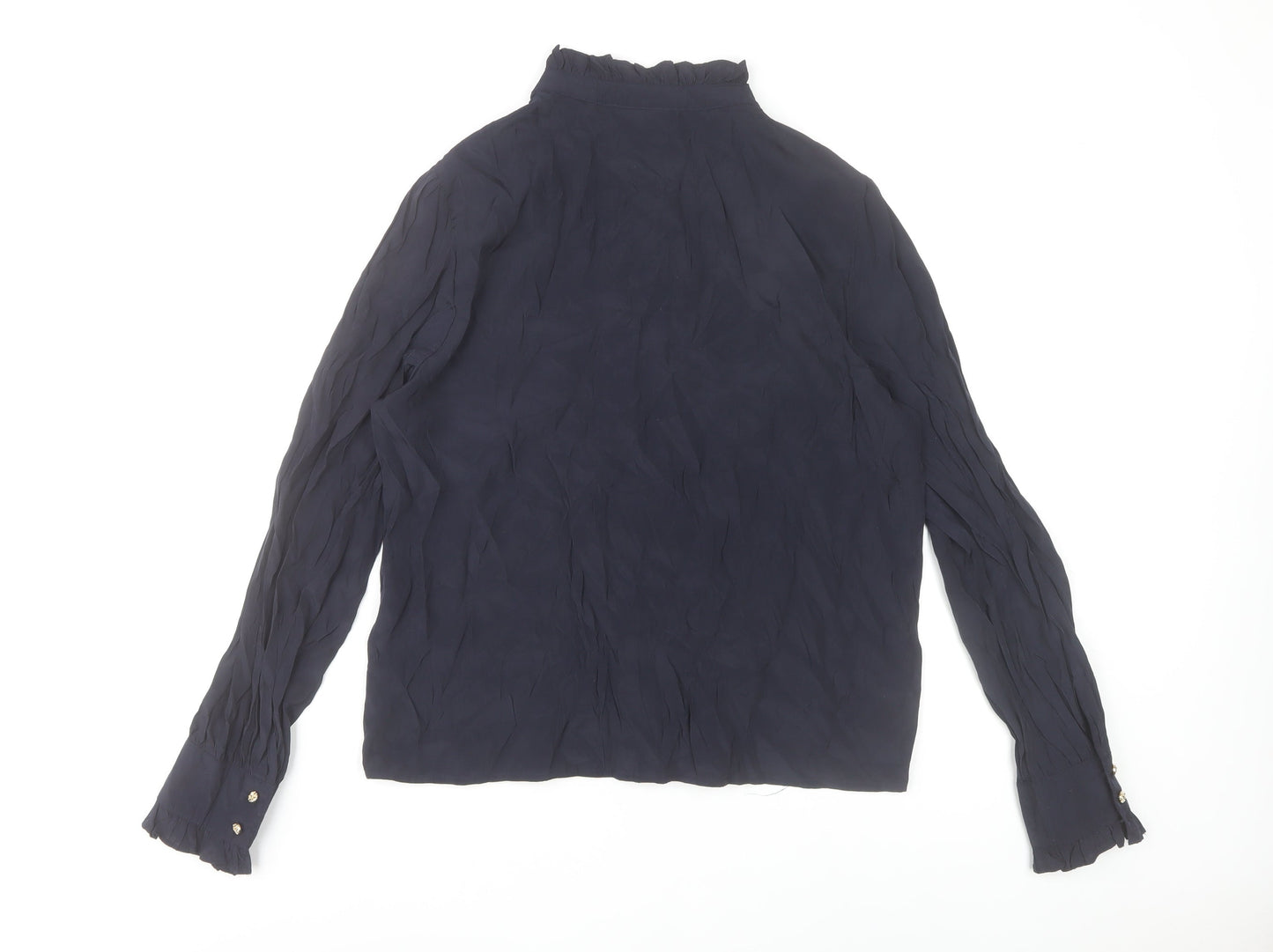 Saint Tropez Womens Blue Ruffle High Neck Long Sleeve Blouse M