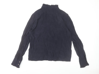 Saint Tropez Womens Blue Ruffle High Neck Long Sleeve Blouse M