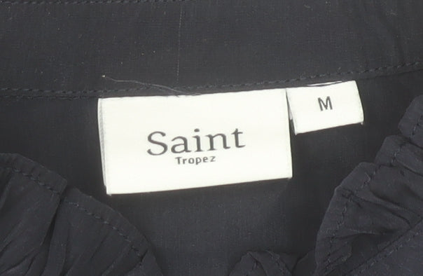 Saint Tropez Womens Blue Ruffle High Neck Long Sleeve Blouse M