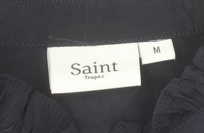 Saint Tropez Womens Blue Ruffle High Neck Long Sleeve Blouse M