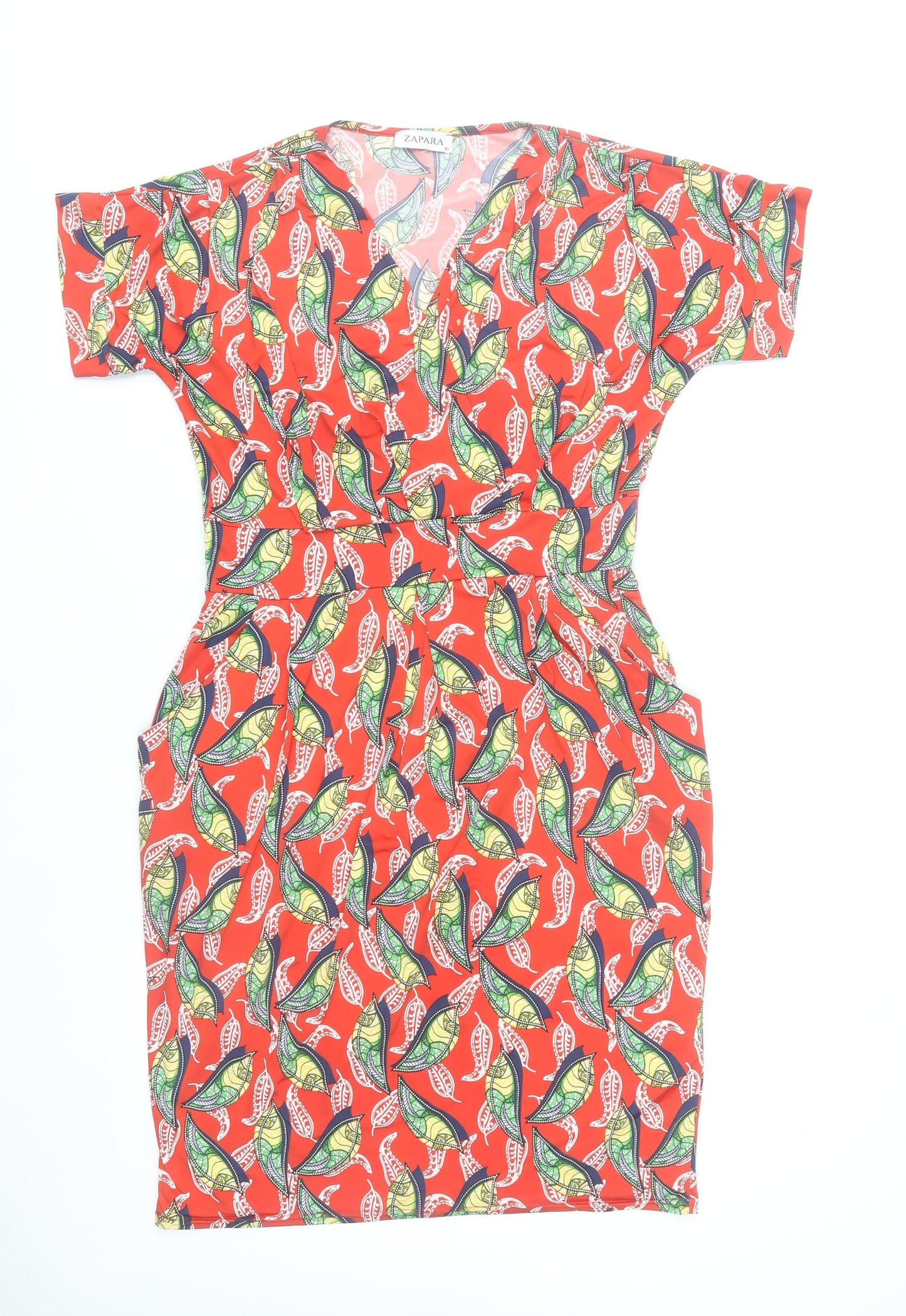 Zapara Women’s Red Floral Bodycon Dress Size 10 V-Neck Short Sleeve