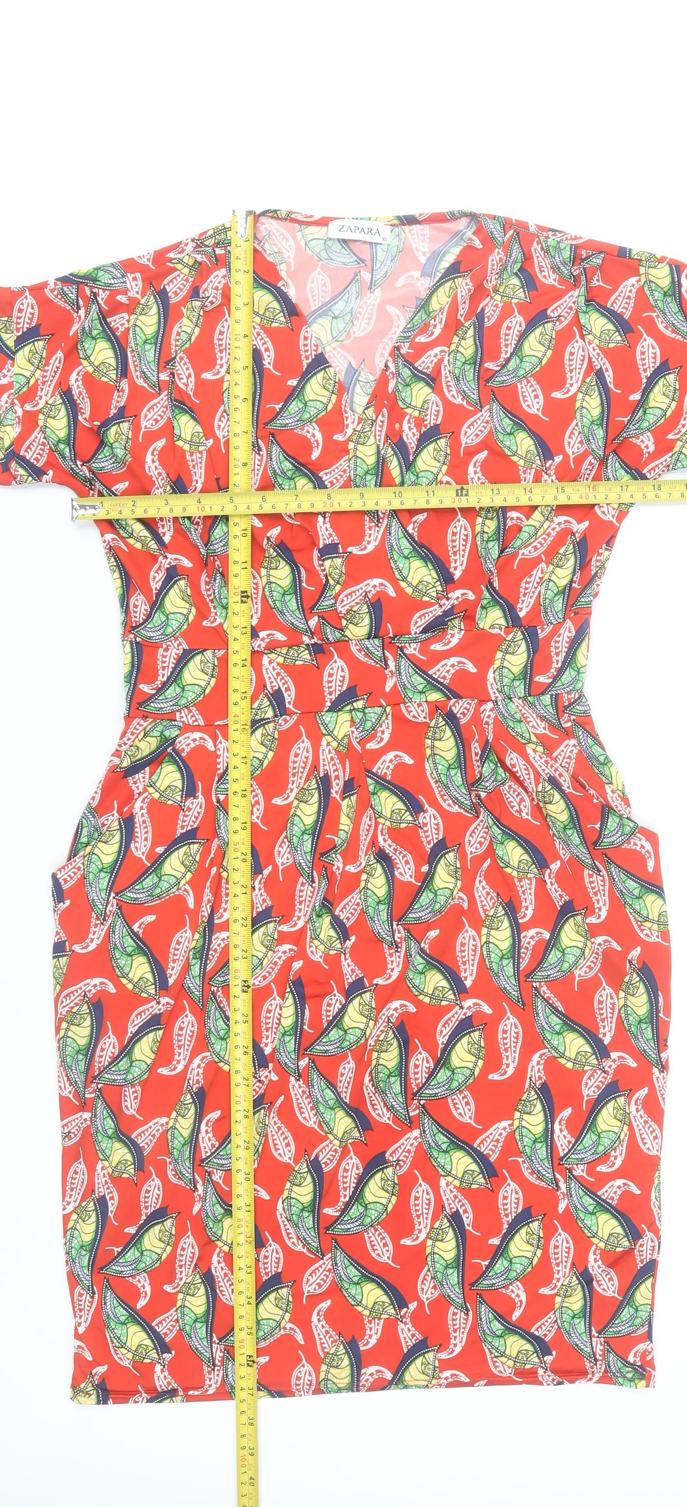 Zapara Women’s Red Floral Bodycon Dress Size 10 V-Neck Short Sleeve