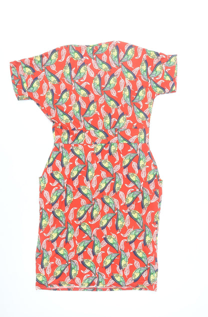 Zapara Women’s Red Floral Bodycon Dress Size 10 V-Neck Short Sleeve