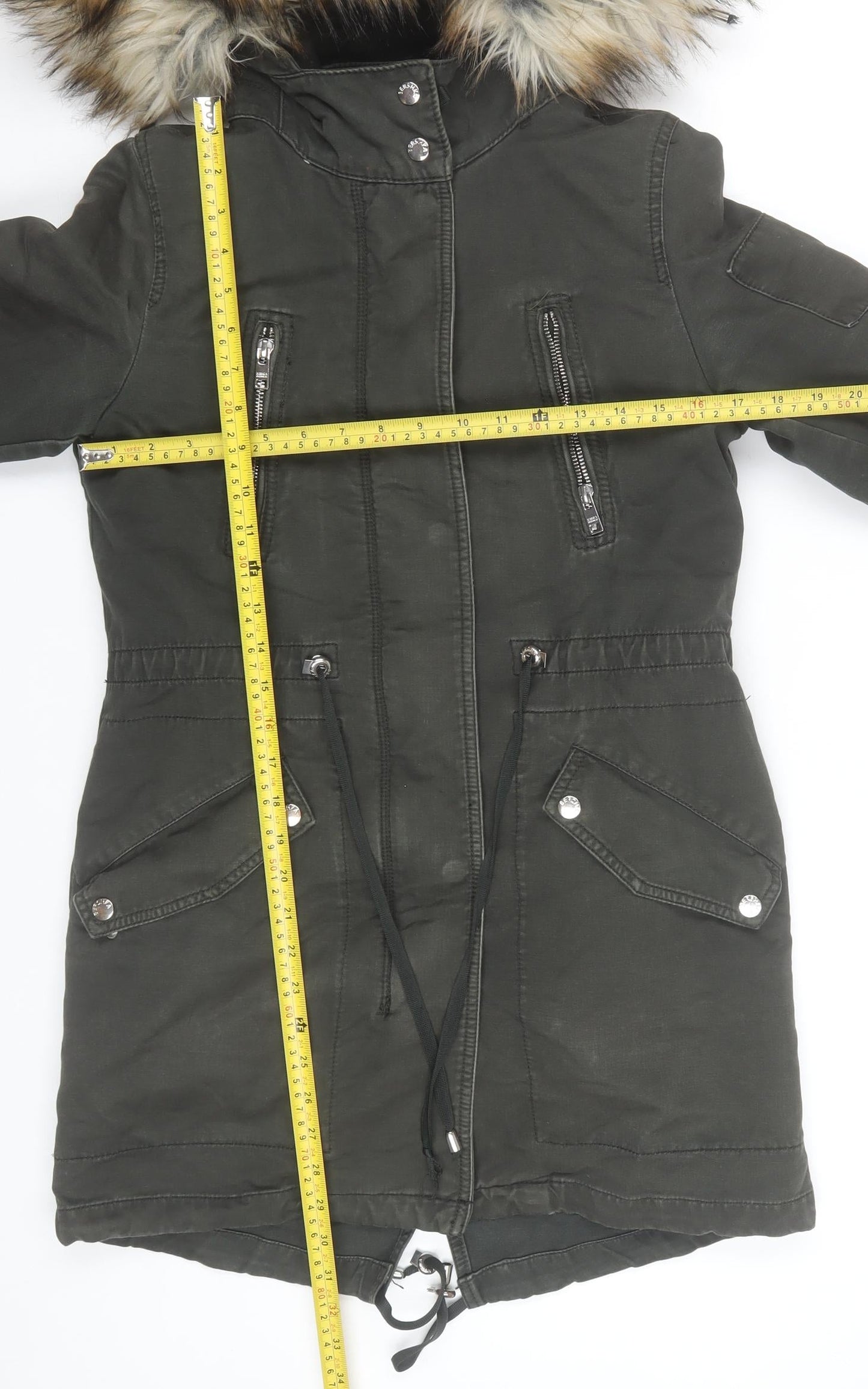 Bershka Womens Green Faux Fur Hooded Parka Coat XS