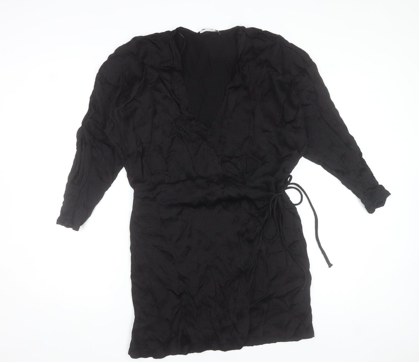 Zara Women Black Wrap Dress Size 16 Woven V-Neck Long Sleeve
