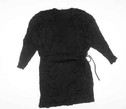 Zara Women Black Wrap Dress Size 16 Woven V-Neck Long Sleeve
