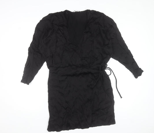 Zara Women Black Wrap Dress Size 16 Woven V-Neck Long Sleeve