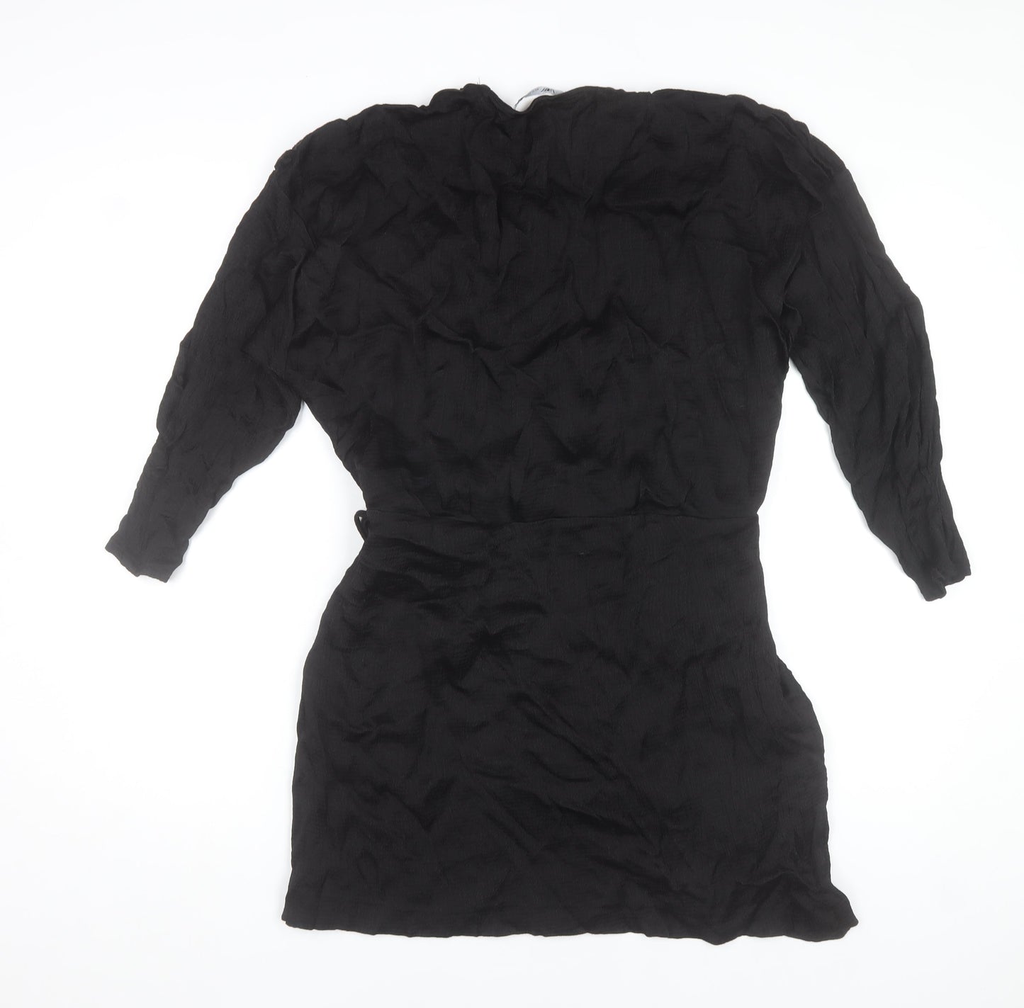 Zara Women Black Wrap Dress Size 16 Woven V-Neck Long Sleeve