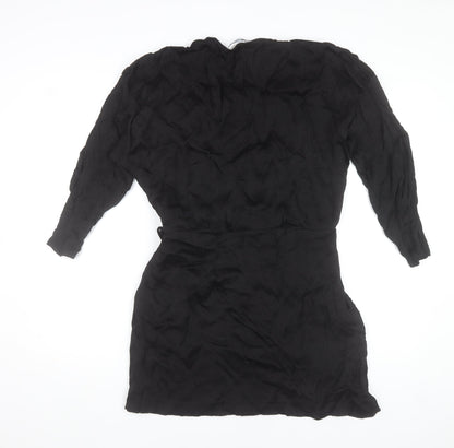 Zara Women Black Wrap Dress Size 16 Woven V-Neck Long Sleeve