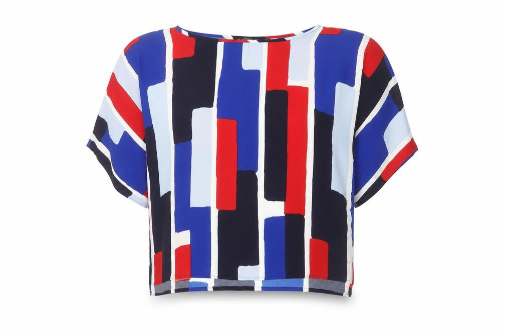 Front view of Dunnes Women’s Multicoloured Geometric Cropped Blouse, size UK 10