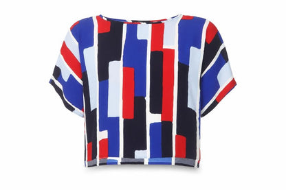 Front view of Dunnes Women’s Multicoloured Geometric Cropped Blouse, size UK 10