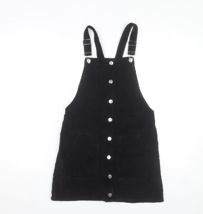 Topshop Women Black Corduroy Pinafore Dress Size 8 Sleeveless Button Front