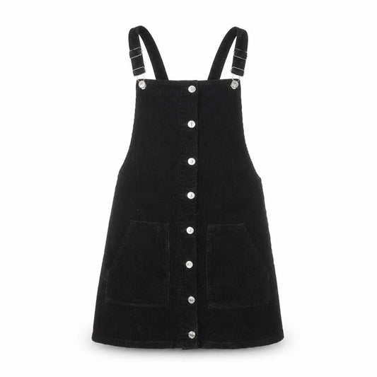 Topshop Women Black Corduroy Pinafore Dress Size 8 Sleeveless Button Front