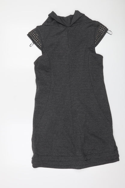 Apricot Women Grey Houndstooth Shift Dress L Short Sleeve Cowl Neck