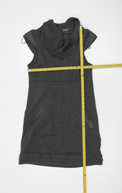 Apricot Women Grey Houndstooth Shift Dress L Short Sleeve Cowl Neck