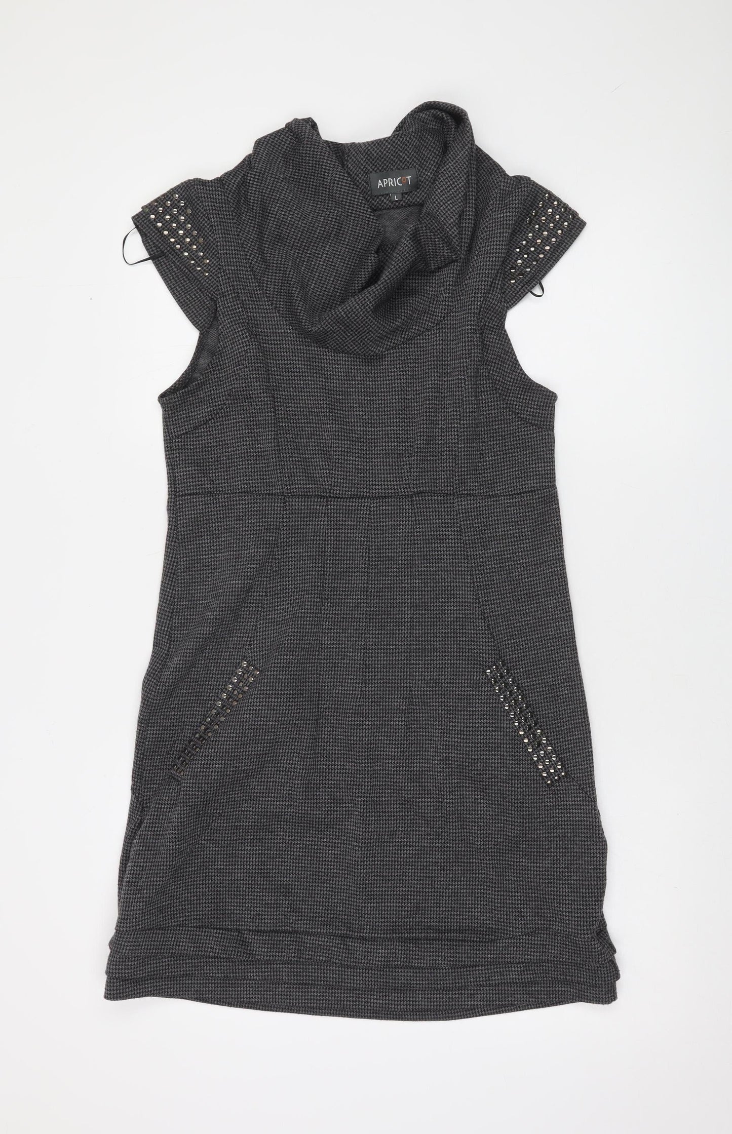 Apricot Women Grey Houndstooth Shift Dress L Short Sleeve Cowl Neck