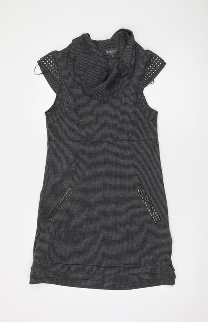 Apricot Women Grey Houndstooth Shift Dress L Short Sleeve Cowl Neck